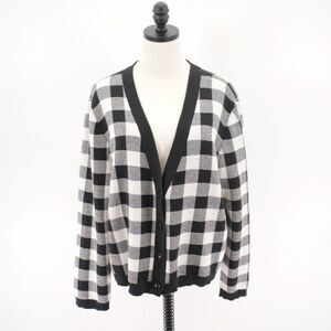 Talbots White Black Plaid V-Neck Cardigan Button Front Sweater XL Cotton Polyest